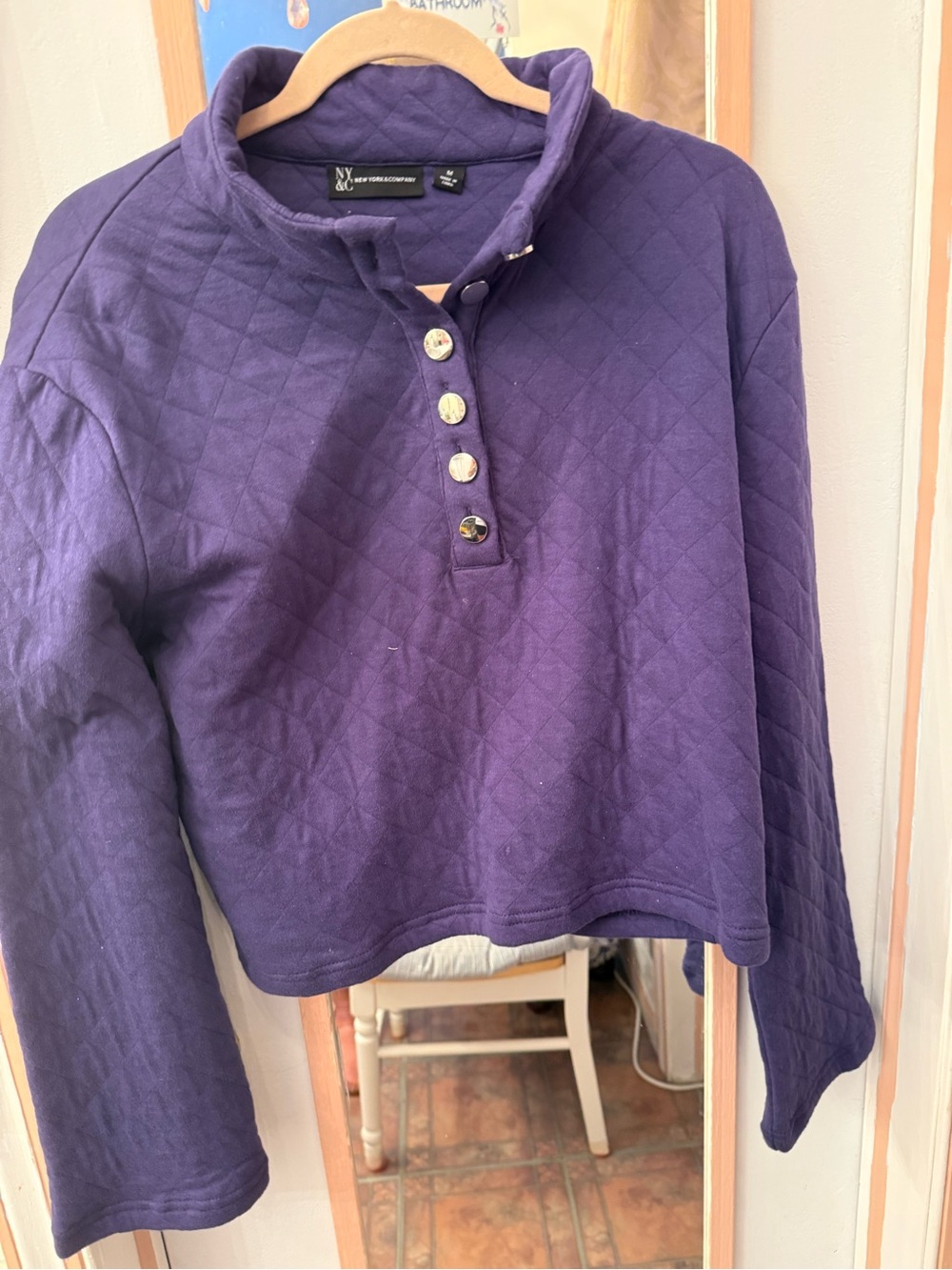 New York & Company Quilted Button-Front Pullover - blue